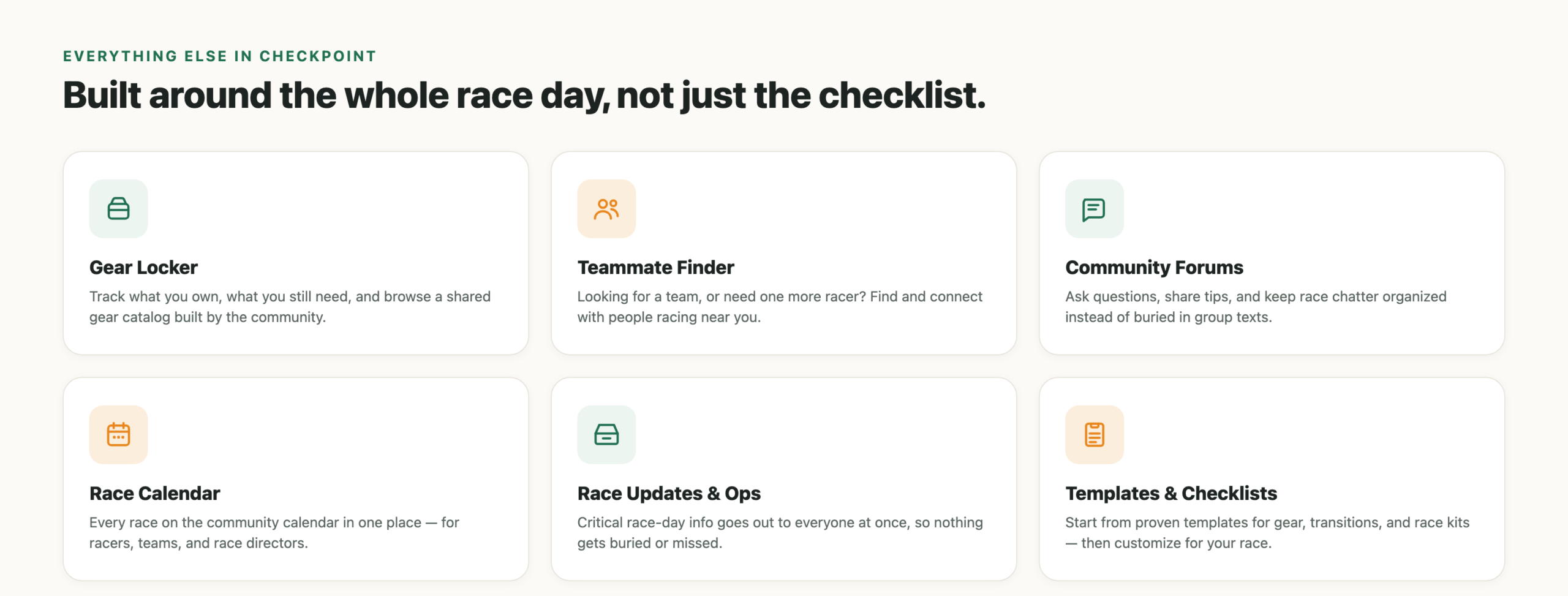 Grid of Checkpoint app features: Gear Locker, Teammate Finder, Community Forums, Race Calendar, Race Updates and Ops, Templates and Checklists